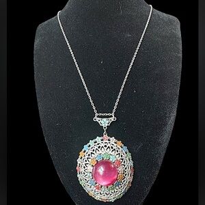 Vintage Multi Color Enamel Flower Glow Lucite Cabochon Open Filigree Necklace